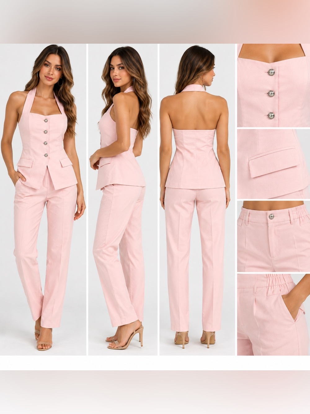 NWT Pink Halter Vest & Straight Leg Pants 2 Piece Suit Set XS